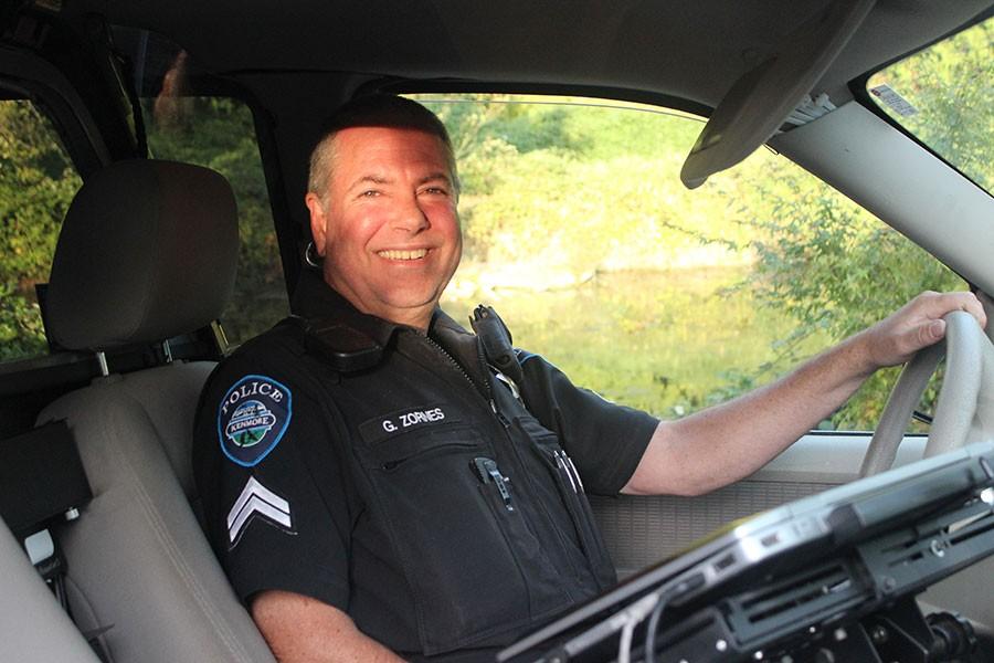 Officer Gary Zornes sits in his police cruiser, ready for action. He has served in the force for 34 years and hopes to continue for at least two more before retiring.