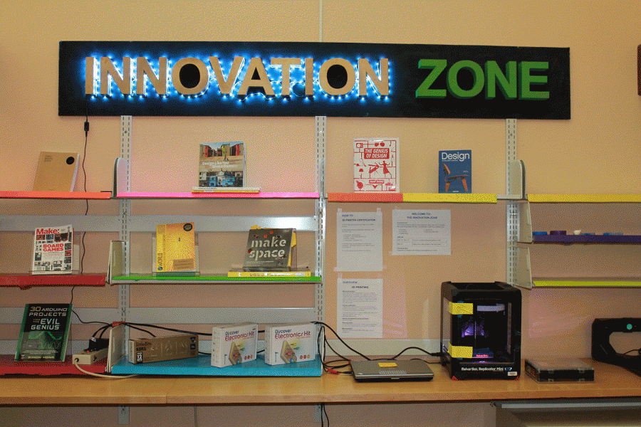 The Innovation Zone features many books about innovating and creating, along with it’s main feature, the 3D printer. The current featured craft is making book covers with maps.
