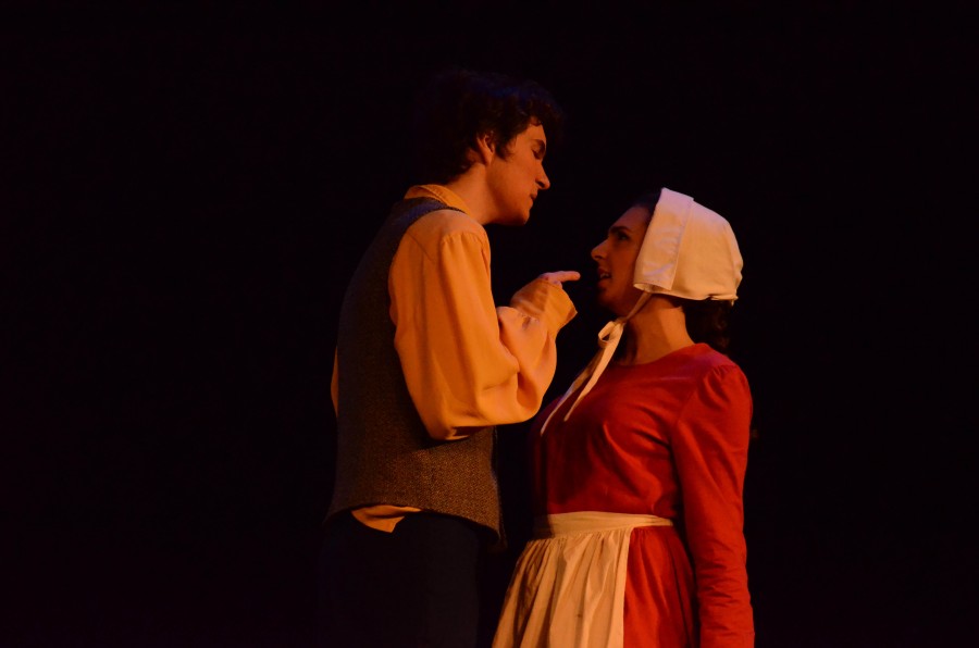 Senior Iain Kelly, who portrays John Proctor, scolds Abigail Williams, played by senior Sophia Konat. The Valhalla Players performed The Crucible six times between October 23 and 31. 