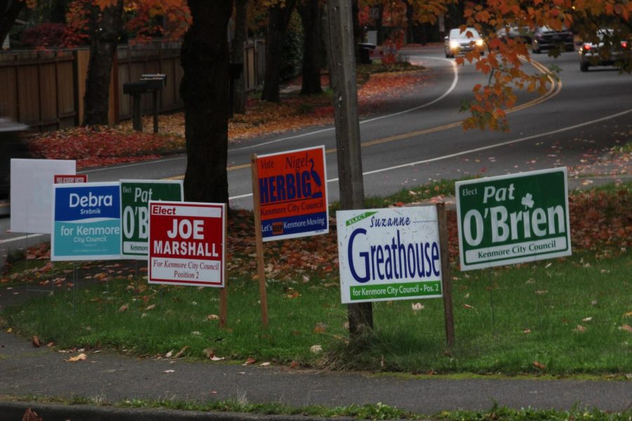Election yard signs on 60th Ave NE display local candidates’ names, positions and taglines. While many politicians also utilize door-to-door tactics and the media, most use these traditional election signs near busy streets and intersections to raise awareness for their campaigns.
