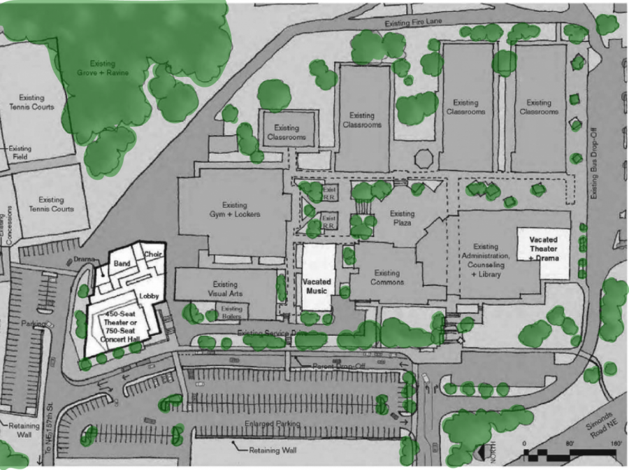 This draft of Option C shows the new separate performing arts building in white and the better traffic flow with directional arrows. This project will be executed within the next four years if the 2018 Capital Projects Bond is passed by voters in February 2018. Photo courtesy of Northshore School District.