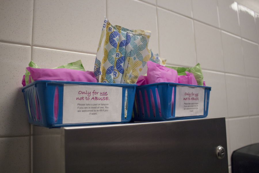 Baskets containing tampons and pads were placed in girls bathrooms all over campus by juniors Kamaria Taylor and Michelle Soi. Both said they hope that people will continue to keep the baskets stocked. 