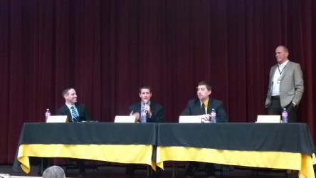 The three principal finalist, from left to right Corey Eichner, Adam Desautels and Peter Schurke, answer the community’s questions on March 21. 