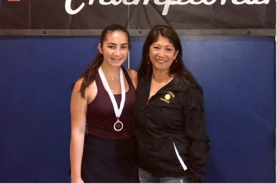 After the state tournament, Brooke Demerath smiles with the girls tennis coach, Jane Demerath, who is also her mother. Brooke Demerath said that she is not only supported by, but also inspired by her family.