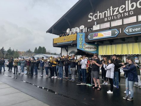 Band performs in front of Snapdoodle Toys.