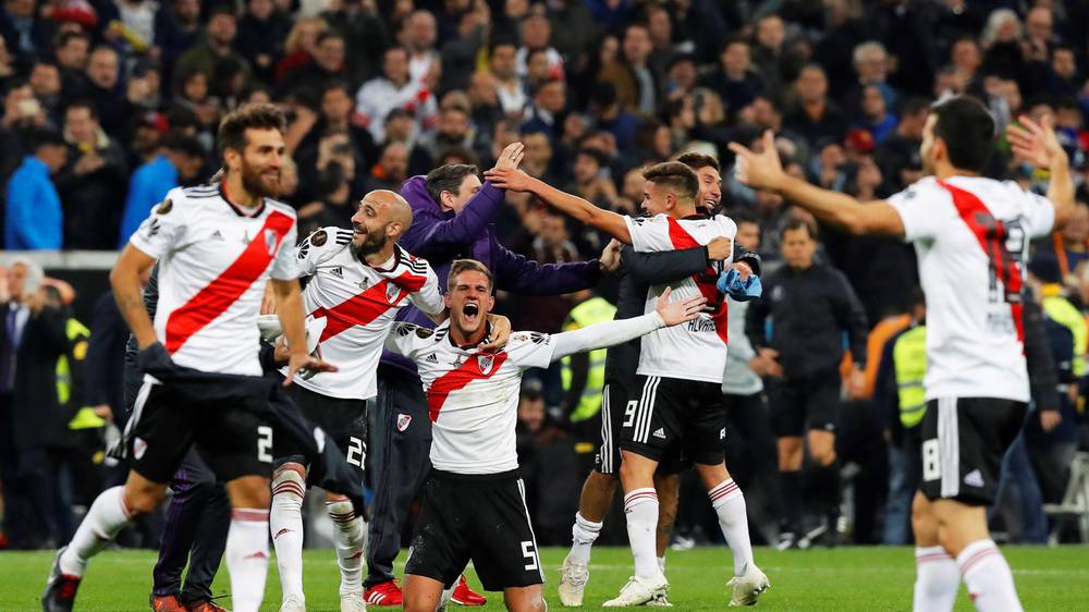 River+Plate+players+celebrate+their+victory+after+the+final+whistle+was+blown.