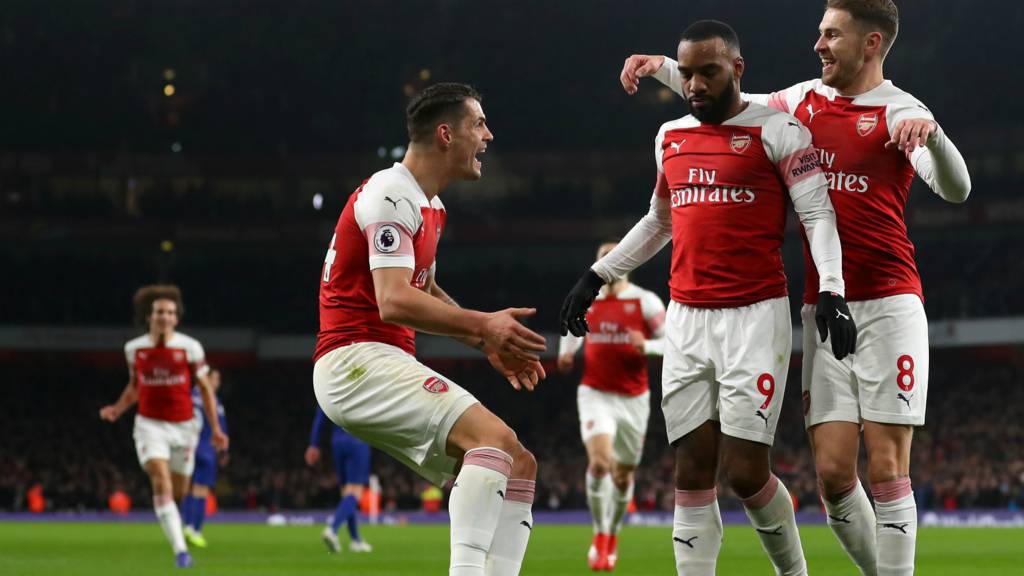 Alexandre+Lacazette+celebrates+first+goal+of+the+game+with+teammates+Granit+Xhaka+%28left%29+and+Aaron+Ramsey+%28right%29+in+the+14th+minute.