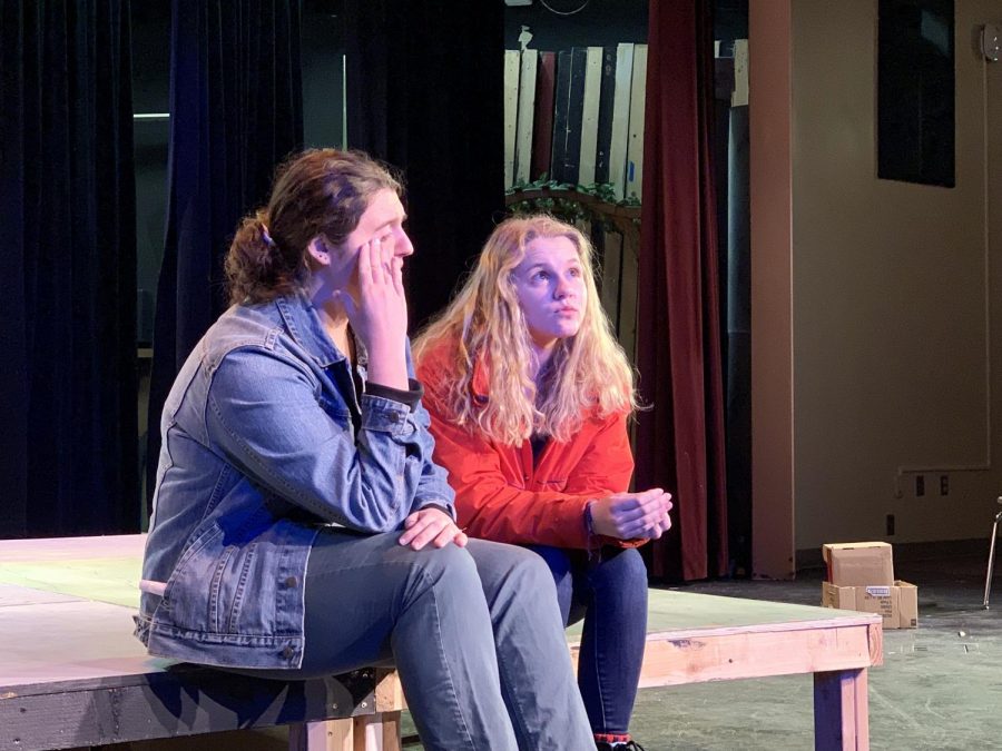 With 60 seconds to come up with a plot and resolution, sophomores Izzy Guyer and Daisy Held improvise a scene during their weekly improv practice. 