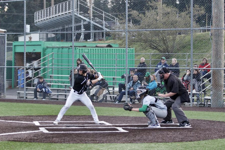 Senior Sean Mulcare stands at the plate against Woodinville on April 1st. The Vikings went on to win 5-0, the sixth win in a string of eight straight.