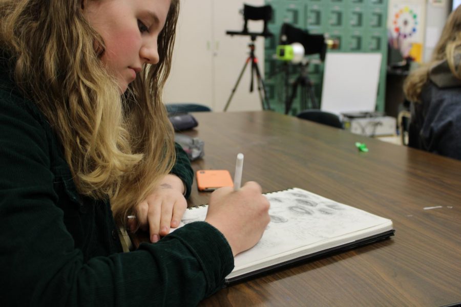 Lily van Veen works on a sketch in her fifth period IB Visual Arts class. Photo by Rahima Baluch