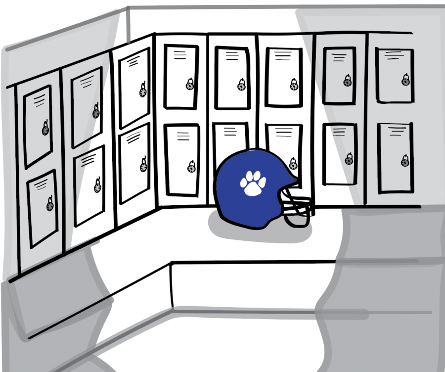 Illustration of a football helmet in the boys locker room. Art by Margaret He 