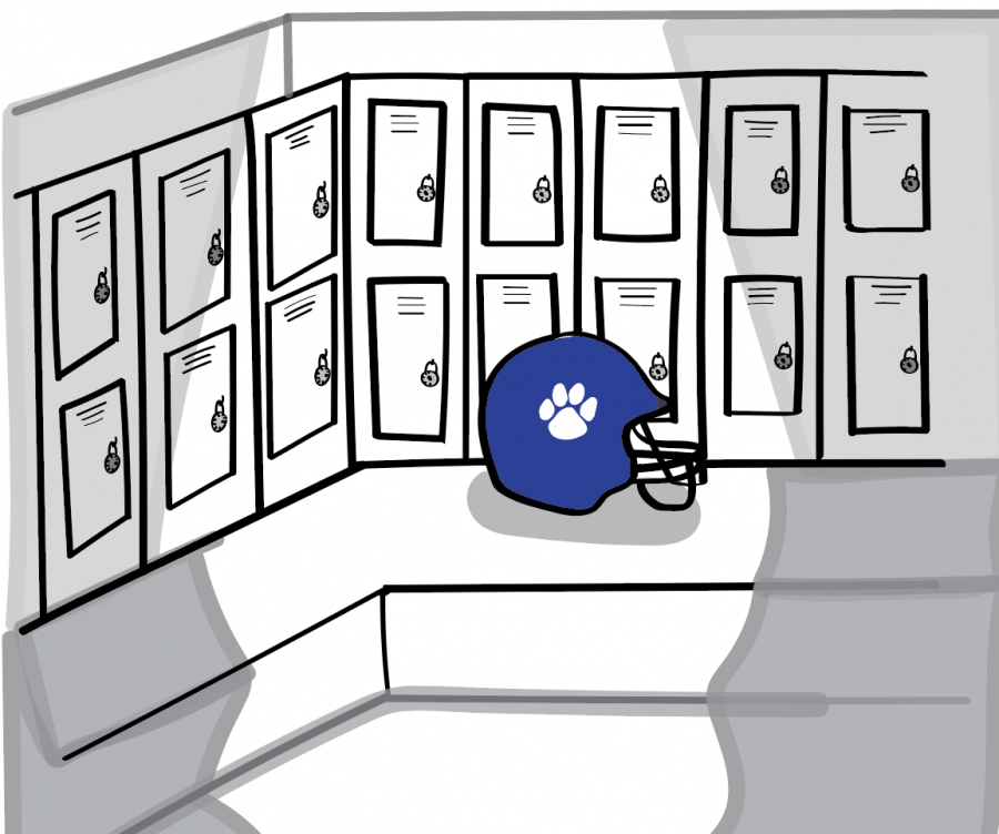 Illustration+of+a+football+helmet+in+the+boys+locker+room.+Art+by+Margaret+He+