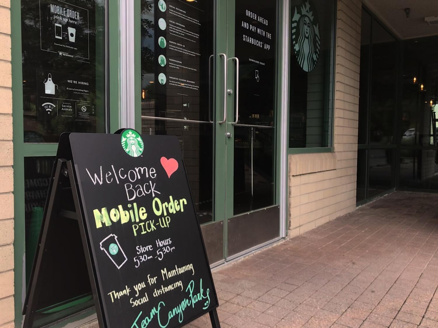 At+Canyon+Park+Starbucks%2C+the+drive-thru+and+mobile+ordering+services+remain+open%2C+offering+free+%E2%80%9Ctall%E2%80%9D+size+hot+coffees+to+any+and+all+healthcare+personnel+actively+working+to+fight+the+coronavirus.+Many+local+businesses+have+also+adapted+to+online+and+mobile+ordering+with+contactless+pickups+to+minimize+the+spread+of+disease.+Photo+by+Sonya+Sheptunov