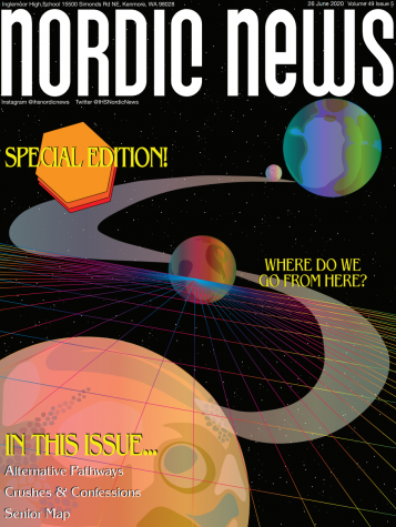 The cover of the senior issue of Nordic News. The senior issue is now available to print. Art by Sonya Sheptunov.
