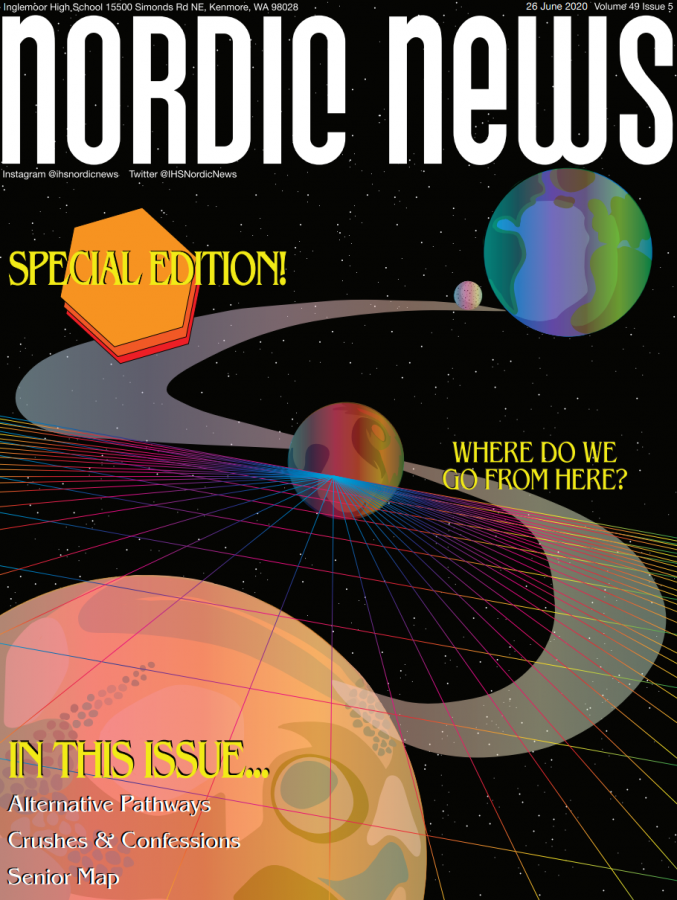 The cover of the senior issue of Nordic News. The senior issue is now available to print. Art by Sonya Sheptunov. 