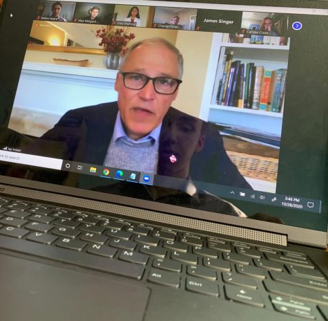 Jay Inslee speaks to a group of high school students about his solutions to various issues, including the lack of diversity in school curriculum, subpar mental health treatment for youth, and racial disparities in school punishments.  Photo taken Oct. 25, 2020 via Zoom. Photo by Kellen Hoard.
