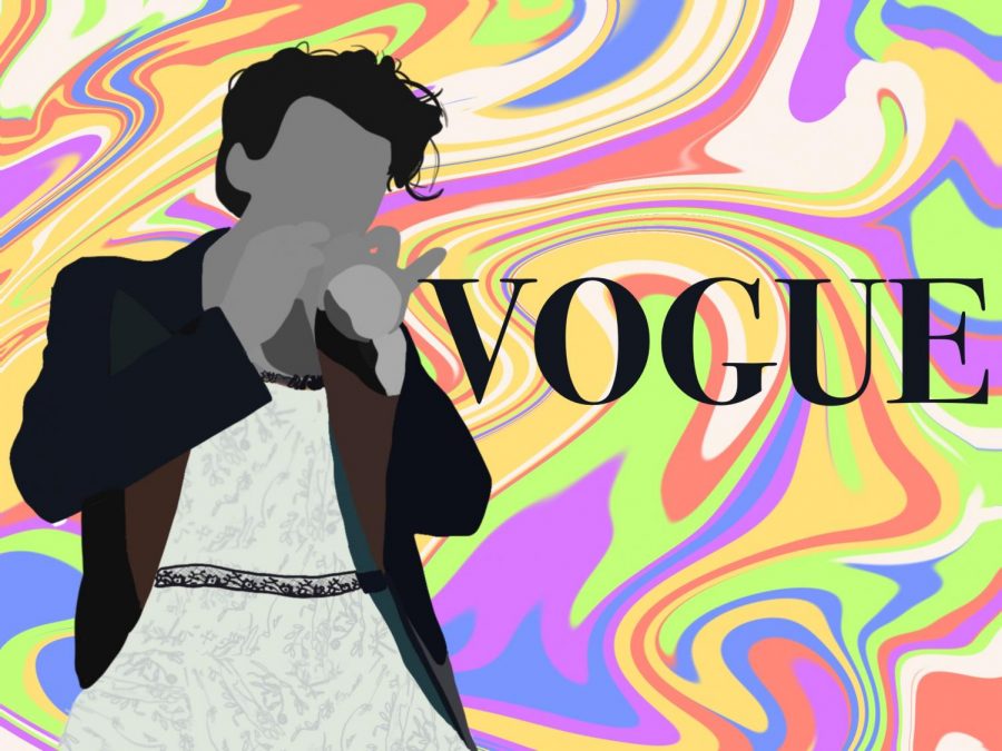Harry Styles’ cover pose in the lace-trimmed baby blue dress. Styles made history as the first solo male to be featured on the cover of Vogue magazine. 
Art by Mia Tavares.