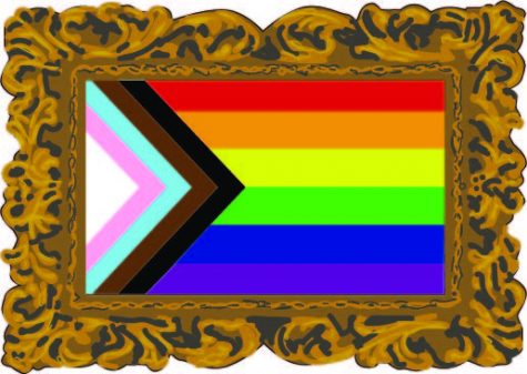 In 2018, a new pride flag called the “Progress Flag” was designed to honor LGBTQ+ and non-white communities. Including the six stripes of the previous pride flag, the colors of the transgender pride flag and stripes of black and brown to represent people of color, it is used as a part of a drive to be more inclusive of the expansive breath of identity. Art by Rory Knettles. 