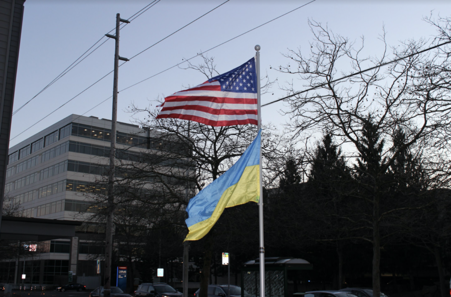 Local business express their solidarity with Ukraine by flying the Ukrainian Flag.
Hundreds of people attended protests in Seattle on Mar. 5 to help Ukraine fight for
their freedom.
