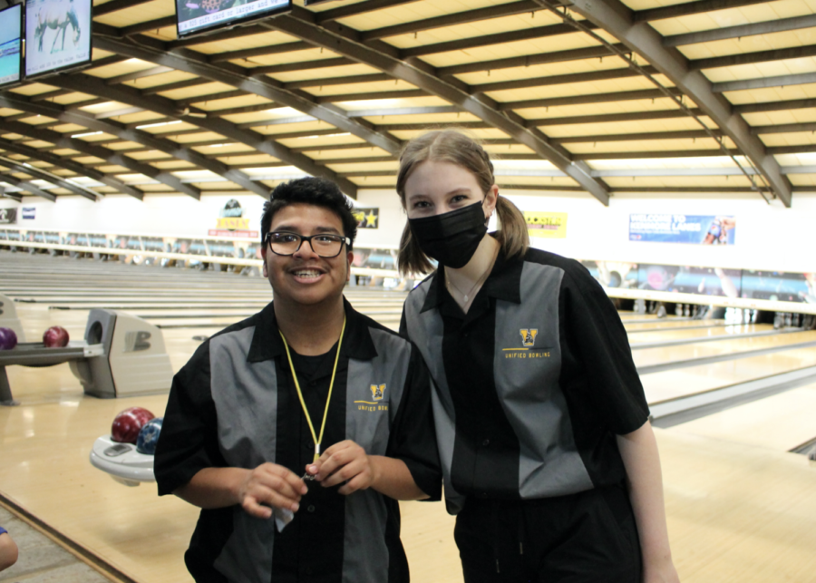  Peer coach Erin Geoffray with athlete Marcos Rodriguez at the last bowling game on April 5.