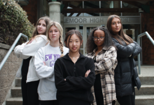 (From left to right) Nicole Chambliss, Bella Iwen, Pinyu Liao, Beamlak Tesfaye and Mikayla Thurman stand in front of the entrance to the school on April 26. 

