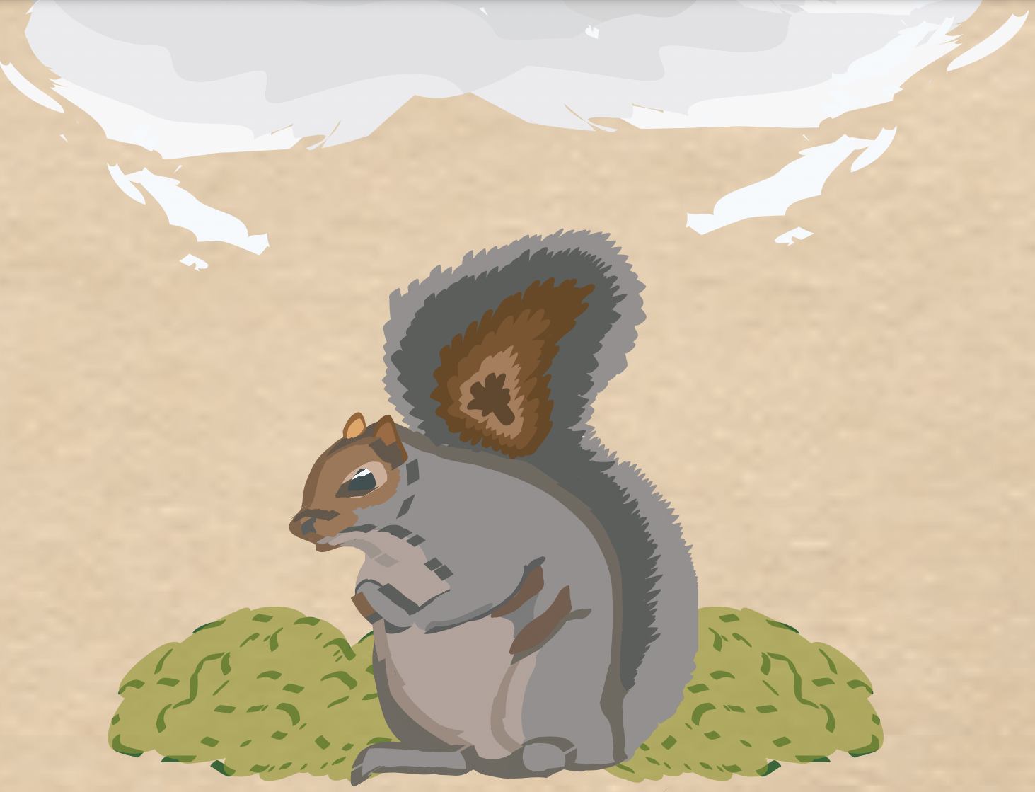 Colored+illustration+of+a+grey+and+brown+squirrel+sitting+atop+a+pile+of+leaves.