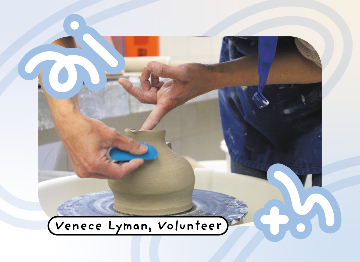 Volunteer Venece Lyman works on her bird piece inspired by artist Maya Rumsey. The technique involves throwing the inital shape, then modifying it through manipulation and handbuilding.
