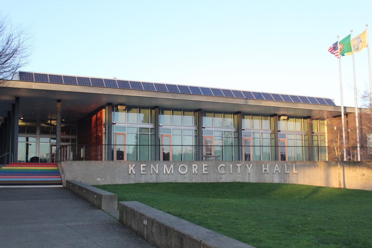 Kenmore City Hall in the heart of downtown Kenmore, with pamphlet resources and appointment kiosks available inside. 