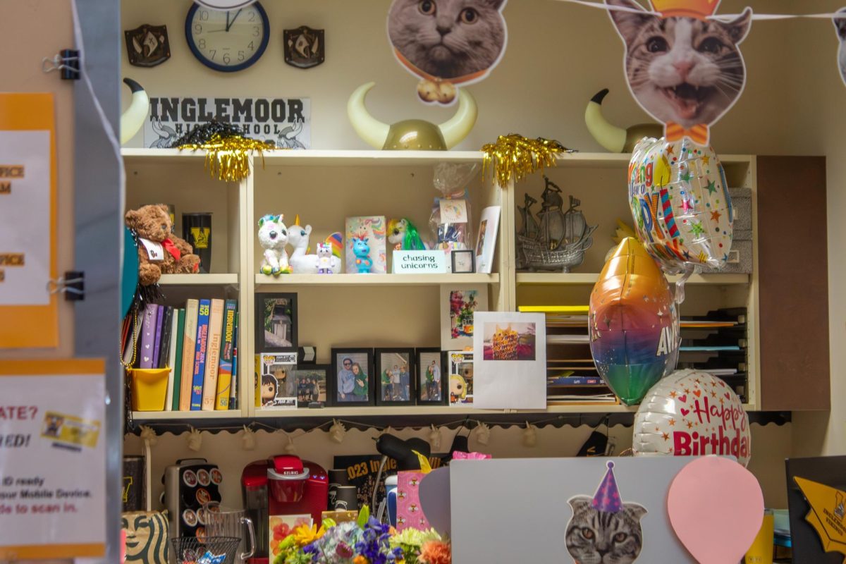 Among other mementos, unicorn plushies and trinkets line the top shelf of Bergley’s office. “We would gift each other unicorns,” Bergley said. “We just fell in love with unicorns, because unicorns are magic. We wanted to make the magic show, so that’s why they get top shelf, because that is a memory that will live on forever.”