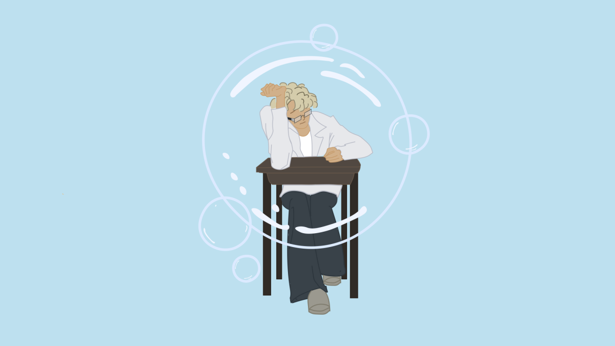 A boy sits slumped at a school desk, encapsulated in a bubble. Shielding students from discomfort in the classroom underprepares them to address contentious topics in the world. 