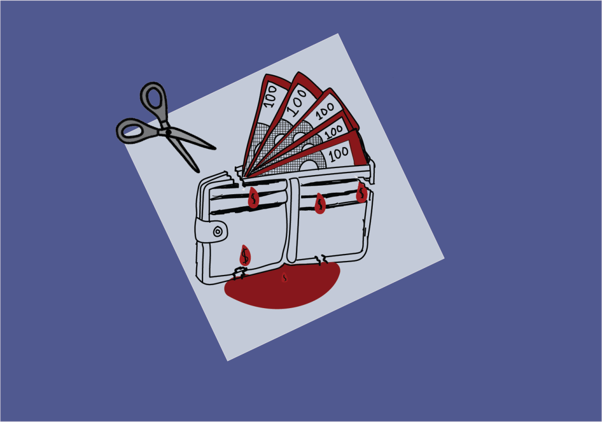 A pair of colorless scissors slices into a dull, gray wallet as blood-red “ink” spills out, symbolizing the “death by a thousand cuts” inflicted by the modern subscription economy. The monochromatic design of the scissors and wallet represents the mundane, often unnoticed nature of recurring monthly charges, while the vibrant red “ink” highlights how these small fees collectively bleed a consumer’s bank account dry. As industries begin to shift toward permanent rental models, the impact of micro-transactions poses a silent yet threatening risk to long-term financial stability.