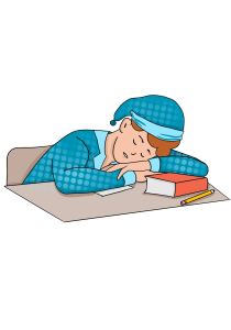 At school, a student wearing pajamas falls asleep at a desk.