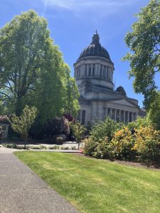 The sun shines on the capitol building in Olympia on May 10, 2026. This building houses both chambers of the Wash. legislature, as well as the offices of several of the most important elected officials in the state, including Governor Bob Ferguson. 