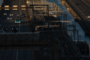 The 2-Line crosses the Homer M. Hadley Memorial Bridge into Seattle alongside motor traffic. The 2-Line operates from 4:08 a.m. to 11:54 p.m.